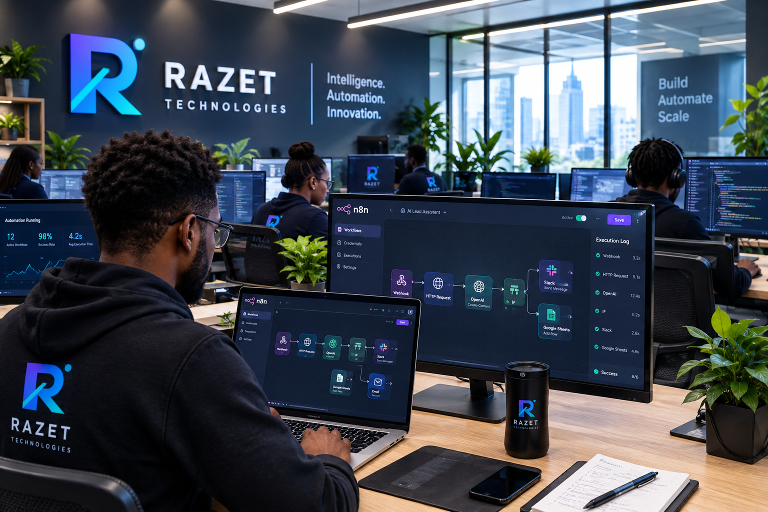 RAZET Technologies team working in a modern technology office